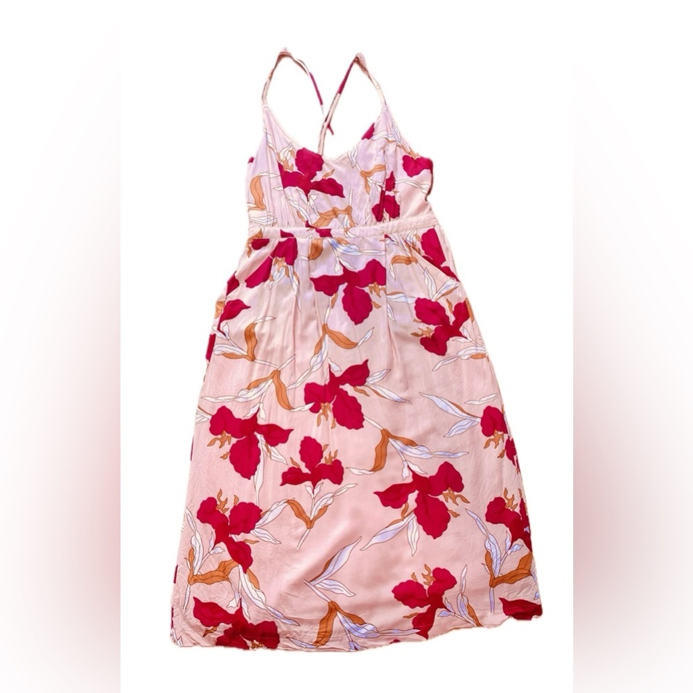 FRNCH Paris Midi Dress Floral Pink with Back buttons + Cross Straps Size Large